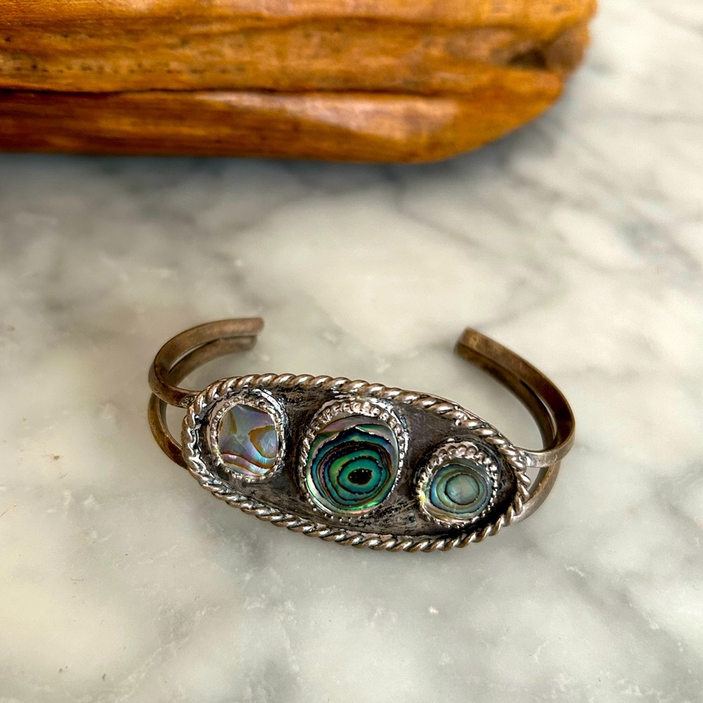 VINTAGE Abalone shell and sterling silver cuff